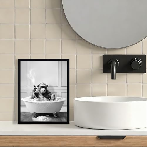 Urmoya Funny Monkey Bath Bathroom Decor Canvas Wall Art 8x10 in | Wood frame, Black and white bathroom decor, Funny chimpanzee in bathtub, Canvas print, Ready to hang - color: Chimpanzee, size: 10"L x 8"W