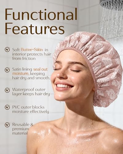 Yanibest Shower Cap for Women - Frizz Free Satin Lined Shower Cap Waterproof Large Double Layer Reusable with Soft Elastic Band for Braids Long Hair - color: Pink
