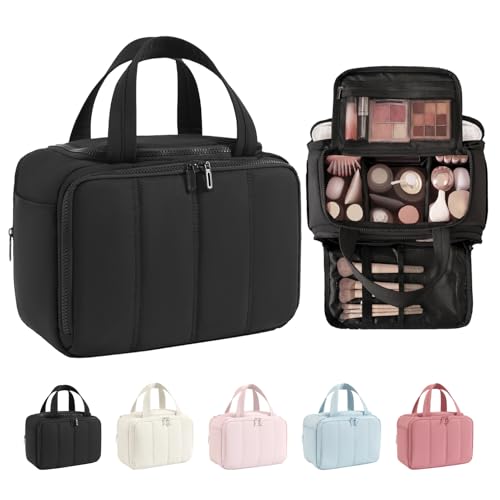 Toiletry Bag for Women Puffy Large,Travel Makeup Bag,Large Toiletry Bag with Adjustable Dividers,Waterproof Cosmetic Travel Bag with Trolley Sleeve,Toiletries Organizer,Black - color: Black