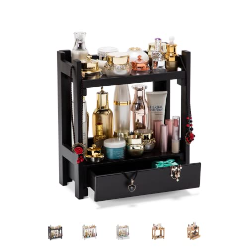 GOBAM Bamboo Makeup Organizer with Drawer, Black Vanity Storage Box, Multi-Purpose Storage for Skincare, Toiletries and Desktop, 2-Tier Countertop Organizer Shelf for Bathroom, Kitchen, Office - size: With Drawer