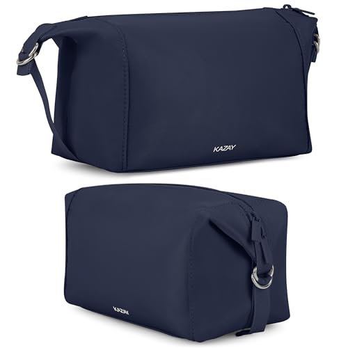 KAZAY Expandable Toiletry Bag with Side Clips for Adjustable Sizing, Premium High-Density Nylon, Open Wide Zipper, Stylish, Water Resistant, Cosmetic Bag, Makeup Bag, Full-Size Bottles, Unisex (Navy) - color: Navy
