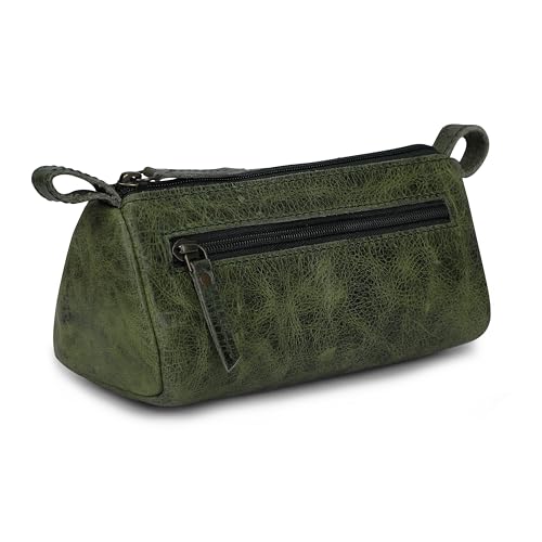 Leather Makeup Bag for Women – Genuine Leather Cosmetic Bag Travel, Handmade Zippered Makeup Pouch, Small Toiletry Bag, Shaving Kit & Stationery Organizer- Forest Green - color: Green