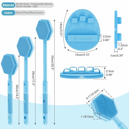 Silicone Back Scrubber & Soft Bath Glove 2PCS, 16''- 21''Extendable Back Scrubber with Dual-Side Large Head, 360° Anti-Slip Hand-fit Silicone Body Scrubber for Rich Foaming Deep Cleaning(Blue) - color: Blue*2
