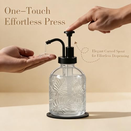 11.8Oz Vintage Glass Bathroom Soap Dispensers with Black Pump, Refillable Kitchen Dish Soap Dispenser with Embossed Leaf, Modern Farmhouse Hand Soap Liquid Bottle -1 Pack - color: Clear/Black, size: 1Pack