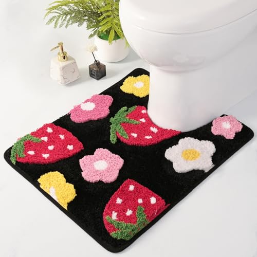 Anybar U-Shaped Toilet Rug 20x24'' - Super Soft Absorbent Bathroom Mat with Cute Strawberry & Flower Design, Non-Slip Quick-Dry Washable Contour Rug for Toilet, Bath Mats for Bathroom Decor（Black） - color: Black, size: 2' x 1'8" (U-Shape)