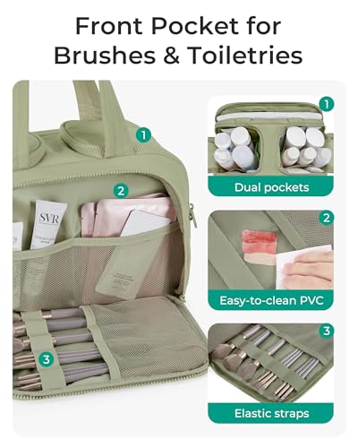 BAGSMART Travel Toiletry Bag, Lightweight Large Wide-open Travel Bag for Women, Puffy Cosmetic Makeup Bag Organizer with Handle for Accessories,Essentials, Toiletries, Green - color: e-Army Green