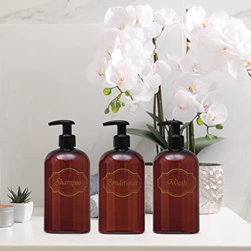 16 oz Plastic Shampoo Conditioner Wash Dispensers (Amber) | set of 3, pump bottles, high-viscosity, shower containers, lotion pumps - color: Amber/Gold/Black