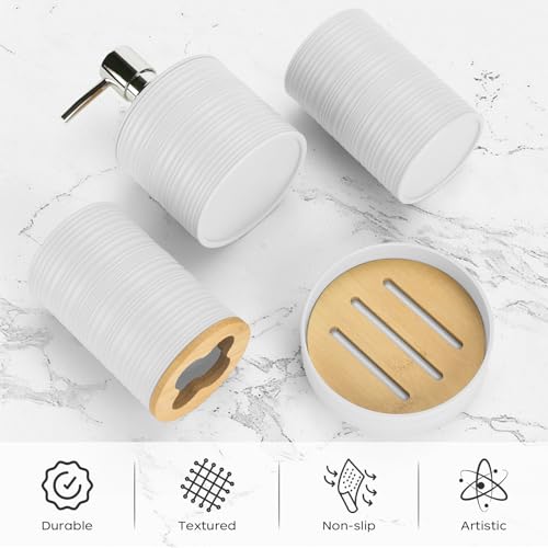 4 PCS White Bathroom Accessories Set, Includes a Soap Dispenser, Toothbrush Holder, Soap Dish and Mouthwash Cup, Plastics & Bamboo Bathroom Set, Bohemian Style Bathroom Sink Set - color: White, size: 4 PCS
