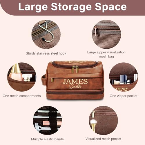 Personalized Toiletry Bag for Men, Fathers Day Gift for Dad, Custom Toiletry Bag Gifts for Men, Birthday, Anniversary, Groomsmen, Husband, Boyfriend, Graduation, Leather Engraved Travel Shaving Bag - color: Brown-1