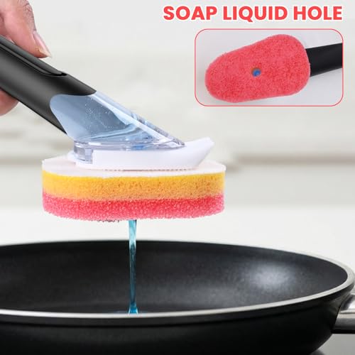 Soap Dispensing Replacement Dish Brush Storage Set with 10 PCS Sponge Refills & Holder - RIMAY Dispenser Scrub Cleaning Scrubber Kitchen Dishwashing Dish Wand Handle for Dishes/Pans/Pots/Sink(Pink) - color: Pink