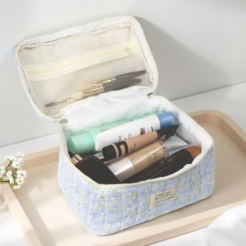 Gosect 1pc Large Makeup Bag, Cute Cosmetic Bag for Women Girls, Floral Coquette Aesthetic Toiletry Bag, Travel Make Up Organizer Bag (Green Leaves Blue Flowers) - color: 027Green Leaves Blue Flowers