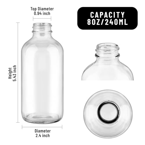 PINIWON 12 Pack 8 oz Clear Glass Bottles, 240ml Boston Round Sample Bottles with Black Poly Cone Caps, Labels and Funnels - color: Clear-12 pack