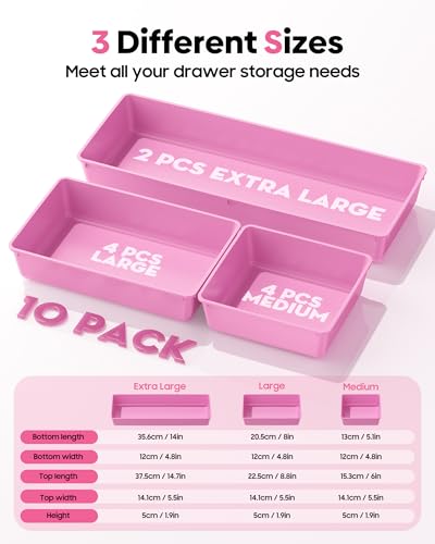 10 Pack Large Size Plastic Drawer Organizers Set, 3 Sizes Desk Drawer Organizer Trays, Storage Bins for Vanity, Makeup, Bathroom, Kitchen Utensils and Office (Pink) - color: Pink