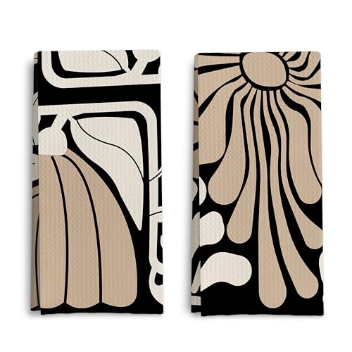 Abstract Boho Neutral Taupe and Beige Floral Kitchen Towels Set of 2, Retro 70s Groovy Floral Hand Towels for Bathroom, Modern Minimalist Botanical Dish Tea Towels for Kitchen Decor, 16x24 Inch - color: Boho Neutral Taupe