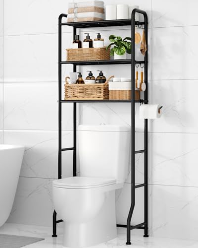 Kitsure Over Toilet Storage Rack, 63.2" H Space-Saving, Holder & Hooks | Bathroom, Laundry Room, Small Spaces, Families, Durable Metal, Black, 3 Tier - color: Black, size: 3 Tiers (63.2"H)