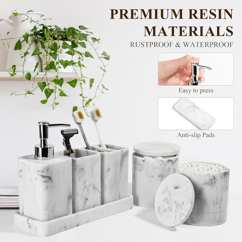 YMXYJM Bathroom Accessories Set, 6 Piece Bathroom Set with Toothbrush Holders, Soap Dispenser, Vanity Tray, Tumbler, Cotton Swab Jars, Bathroom Organizer，Bathroom Sink Sets, Artificial Marble White - color: White