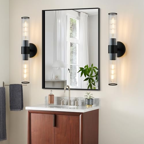 Bathroom Vanity Light Fixtures, Black Wall Sconces in Threaded Glass, Modern Wall Light for Bathroom Living Room Bedroom, Hallway - Bulb Not Included - color: Black-Threaded Glass