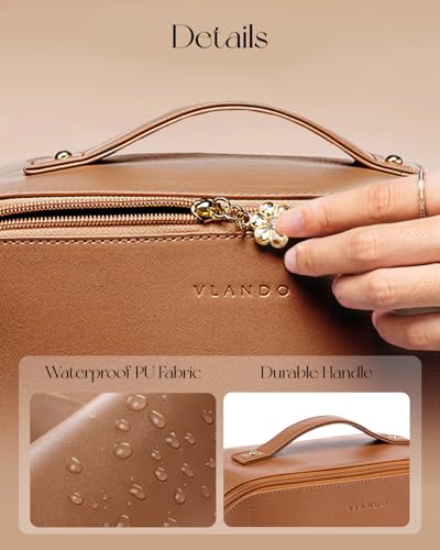 VLANDO Makeup Bag,Travel Toiletry Bag,Cosmetic Bag for Women PU Leather Portable Make up Bag for Skincare, Brushes & Travel Essentials-Brown - color: 02.Brown