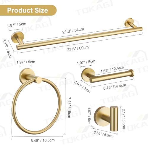 TQKAG 5 Piece Bathroom Accessories Set Brushed Gold Bathroom Hardware Set 23.6 Inch Bath Towel Bar Set SUS304 Stainless Steel Towel Rack Set - color: Brushed Gold, size: 5-Pieces Set