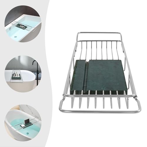 Expandable Bathtub Tray, Stainless Steel Bath Table Tray with Marble Board, Modern Luxury Bathtub Shelf for Bathrooms, Kitchen Sink (Silver + Green) - color: Silver + Green