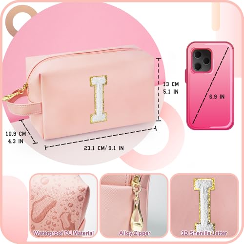 Personalized Initial Makeup Bag with Handle, Preppy Cosmetic Bag with Inner Zipper Pocket, 8 9 10 11 12 13 14 Years Old Girl, Graduation Gifts for Teen Girls Women Teachers (I, Pink) - color: Pink, style: I