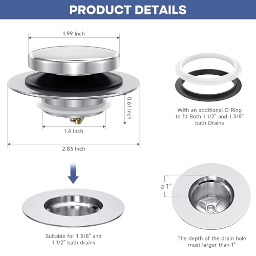Chrome Plated Universal Tip Toe Tub Stopper and Water Stopper, Pop Up Bathtub Drains Plug, Bathroom Bath Tub Drain Stoppers, Replaces Lift and Turn, Tip-Toe and Trip Lever drains for Tub, EZ Install - color: Chrome Plated