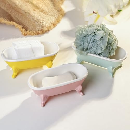 6.7" Ceramic Mini Clawfoot Bathtub Bar Soap Dish, Decorative Bar Soap Holder, Soap Tray Sponge Holder for Shower, Bathroom & Kitchen Sink (Bright Teal) - color: Bright Teal