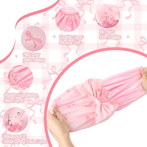 ramede Large Satin Lined Shower Cap for Women Reusable Waterproof Double Layer Bath Cap with Cute Pink Bow Large Washable Bath Caps with Soft Elastic Band Protect Long Hair Braids Locs - style: Pink Bow