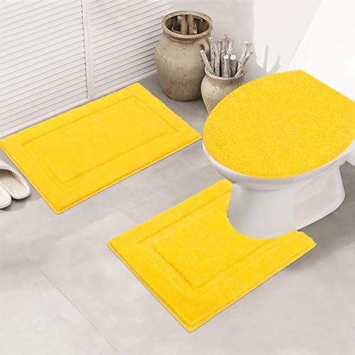 SHACOS Bathroom Rugs Set with Toilet Lid Cover | 20"x32" Bath Mats 19"x21" Toilet Lid Cover 20"x24" U Shape Contour Mat Extra Soft Absorbent Non Slip Bathroom Carpet (Yellow) - color: Yellow, size: 20"x32"+U-Shape 20"x24"+Lid Cover 19"x21"