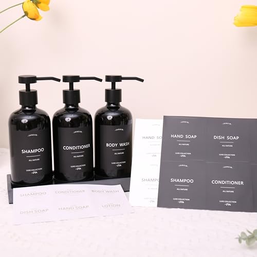 Shampoo and Conditioner Dispenser Set of 3,Refillable 21oz Shampoo Bottles with Non-Slip Protective Silicone Pad,Shower Soap Dispenser with Waterproof Labels for Bathroom (Black) - color: Black Bottles +Black Pumps