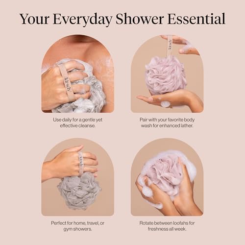 Kitsch Shower Loofah – Soft Mesh Body Scrubber & Bath Sponge for Daily Gentle Cleansing – Durable Loofah for Men and Women with Hanging Loop, Eco-Friendly, 100% PCR Material – 3pc Set, Ballet