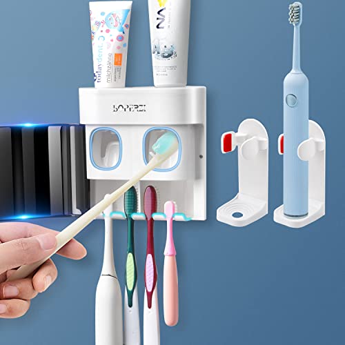 Boperzi 2 Pack Electric Toothbrush Stander and Toothbrush Holder Wall Mounted Automatic Toothpaste Dispenser Dustproof Cover Toothbrush Holder for Shower Bathroom Set Kids Family(Black+2 Pack) - color: White/Black