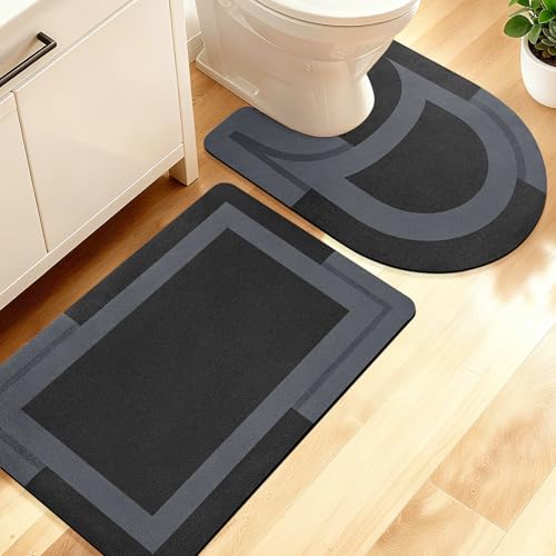 ACCUMTEK Non Slip Bath Mat, Thin Bathroom Rugs Fit Under Door, Quick Dry Bath Mats, Machine Washable Bath Rugs for Bathroom, Bathtub & Kitchen, Black/Bordered/24 x17+ 24"x20" Contour Rug - color: Black, size: 24"x17"+ 24"x20" Contour Rug