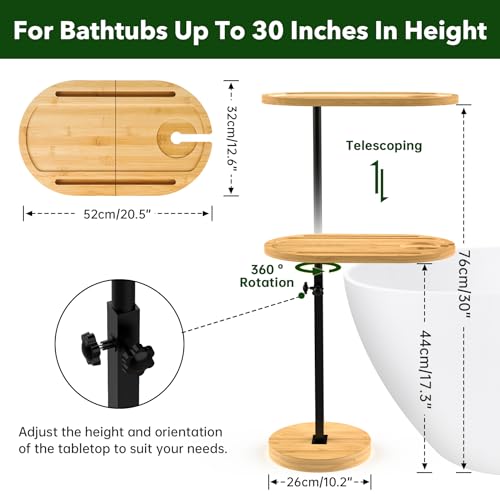 NiHome Bamboo Large Swivel TV Tray Table with Thickened Stable Non-Tipping Base, Adjustable Height Couch Table Tray, End Table, Bathtub Side Tray Table 360° Rotating for Hot Tub Bedside Sofa Balcony - size: Large