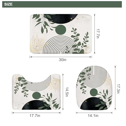 Riyidecor Boho Dark Green 4Pcs Bathroom Shower Curtain Sets Mid Century Abstract Modern Minimalist Bathroom Decor Set with Rugs and Accessories Leaf Toilet Lid Rug, Contour and Bath Mat with 12 Hooks - color: 04dark Green