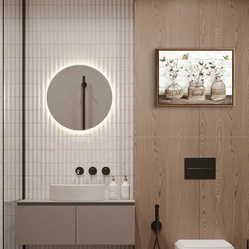 BJVJKSU Framed Farmhouse Bathroom Wall Art Brown Rustic Cotton Flower Bathroom Canvas Wall Decor Relax Soak Unwind Sign Painting Print Vintage Aesthetic Picture Artwork Decor(12x16in) - color: Brown framed, size: 16"L x 12"W