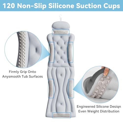 Full Body Bath Pillow for Bathtub RUVINCE Ergonomic Luxury Bathtub Pillow with Head,Neck, Shoulder and Back Support, 6D Bath Pillows for tub with 192 Powerful Suction Cups, Fits All Bathtub - color: Grey