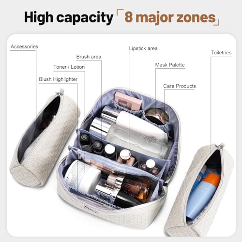 BOYATU Travel Makeup Bag Cosmetic Bags for Women: Large Capacity 3 Pcs Set Make up Bag with Compartments - Waterproof Vegan Leather Toiletry Organizer Bags with Handle (M-72Off-white) - color: M-72Off-white