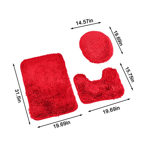 Red Solid Color Bath Rug Set, 3 Piece - Ultra Soft Non Slip Bath Mats, Plush Chenille Absorbent for Tub, Shower & Toilet (red) - color: Red