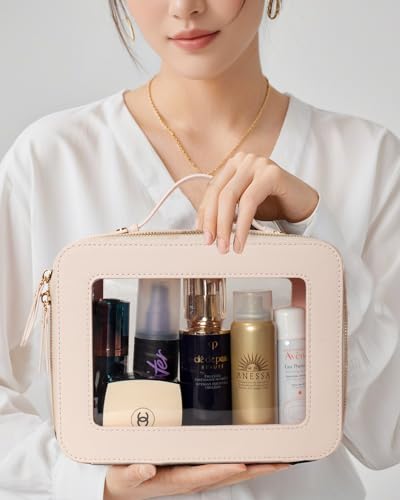Travel Clear Makeup Bag Set, TSA Approved Cosmetic Bag Case with Zipper Portable Makeup Pouch Toiletry Bag Traveling Cosmetic Organizer Storage Bag Car Organizer Car Essentials - color: Mini + XL Luxe Beige