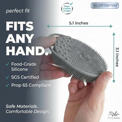 Avilana Silicone Body Scrubber for Shower – SGS Certified Food Grade Dual Sided Bath Brush, Gentle Exfoliating Silicone Loofah Alternative, Sensitive Skin Body Brush (Blue-Silver, Exfoliate) - color: Blue-silver, size: Exfoliate