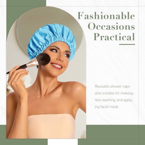Edoneery Reusable Shower Caps for Women, Waterproof Long Hair Bonnet | Washable Design, Wide Elastic Band, Large Fit, Holds Long Hair, Braids Friendly, Bath Accessories, Spa, Travel - color: Lake Blue