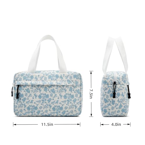 Large Makeup Bag for Women Corduroy Cosmetic bag Make up Bags Zipper Pouch with handle Cosmetic Organizer Toiletry Bag for Travel Storage - color: 13-Blue Flower