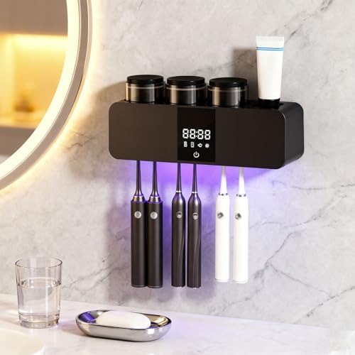 Toothbrush Cleaner Holder, Recharging Wall Mounted Tooth Brushing Holder with Cleaner & Drying, 3-Cup - Family Home Bathroom Organizer, No-Drill Installation (Black) - color: Black