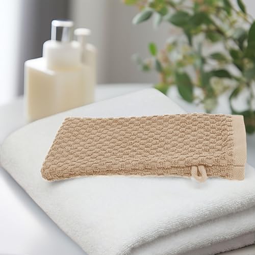 COTTON CRAFT Bath Mitt - 6 Pack Euro Spa Waffle 100% Cotton Towel Mitts | Large 5.5x10 inches Linen Exfoliating Gloves - Sensitive Skin Friendly - Body Bath Shower Glove Washcloth with Hanging Loop - color: Linen - Bath Mitt