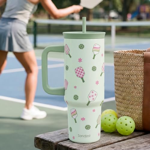 SANDJEST Pickleball Stainless Steel Locking Lid Silicone Straw Tumbler with Handle 40oz, Insulated Stainless Steel Travel Cup for Women Girls Friends Players, Gift Idea for Birthday Christmas - color: Pickleball