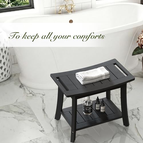 HIPS Shower Bench Inside Shower Stool with Storage Shelf, Waterproof Spa Bath Chair for Bathroom, Seat or Organizer for Living Room, Bedroom - Great for All Ages Unisex Elderly (Large, Black) - color: Black, size: Large 24x12x18 Inch