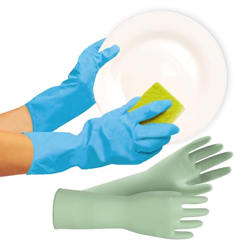 JOR Kitchen Dishwashing Gloves, Durable and Reusable Rubber with Non-Slip Grip, For Household Chores, Multi-purpose Use for Pantry, Bathroom Laundry, Medium, 12-inch Long Cuff, 2 Pairs, Green & Blue