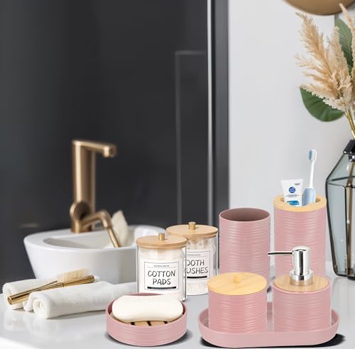 IMAVO Bathroom Accessory Set-11Pcs Pink Bathroom Accessories Set with Trash Can,Soap Dispenser,Soap Dish,Toothbrush Holder,Toothbrush Cup,Toilet Brush Holder,Qtip Holder Dispenser with Labels - color: Pink, size: 11 PCS Bathroom Set
