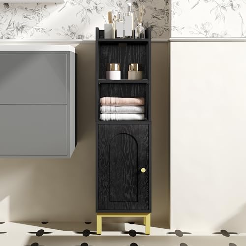 Hzuaneri Bathroom Storage Cabinet, Small Corner Floor Cabinet with Door and Shelves, Narrow Toilet Paper Holder, Bathroom Organizer with Adjustable Shelf, for Small Spaces, Black BC38204GV1 - color: Black, size: 7.9"D x 9.8"W x 35.4"H